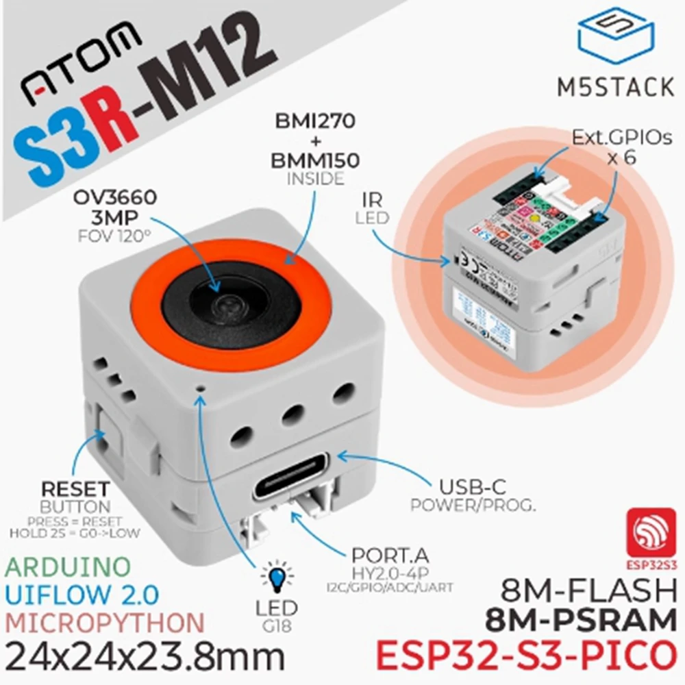 

Программируемый контроллер широкоугольной камеры M5Stack AtomS3R M12 OV3660 ESP32S3