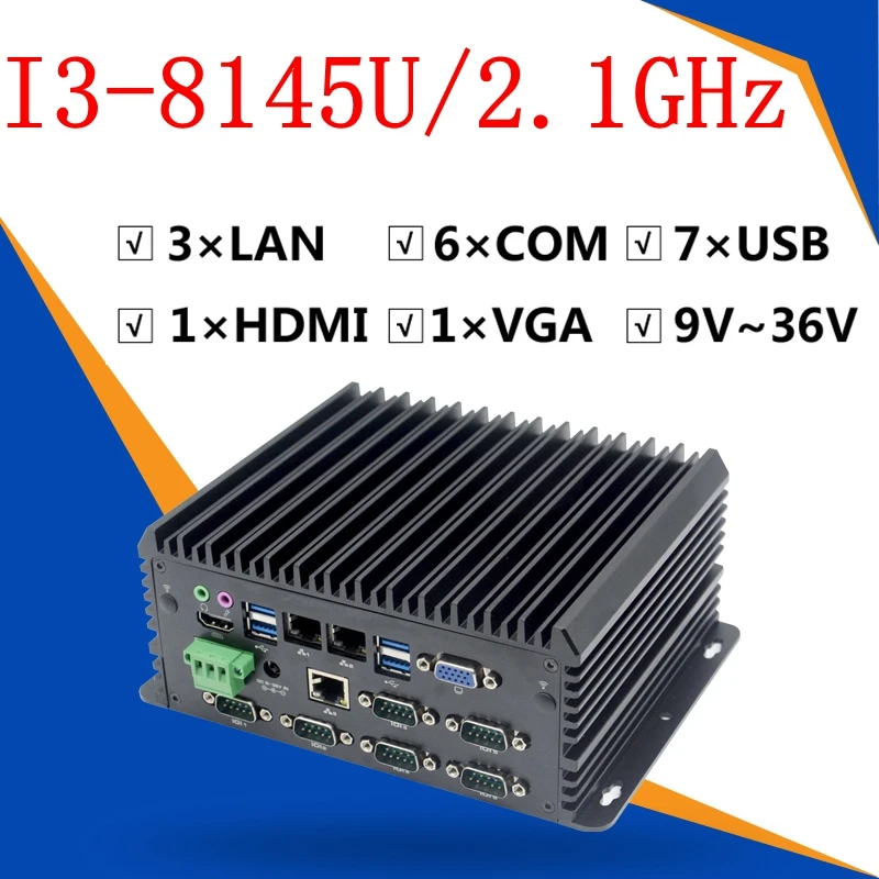 8th الصناعية جهاز كمبيوتر صغير مع 6 COM HDMI vga 3 Lan اللون الأسود إنتل i3 8145u i5 8265u i7 8565u المعالج