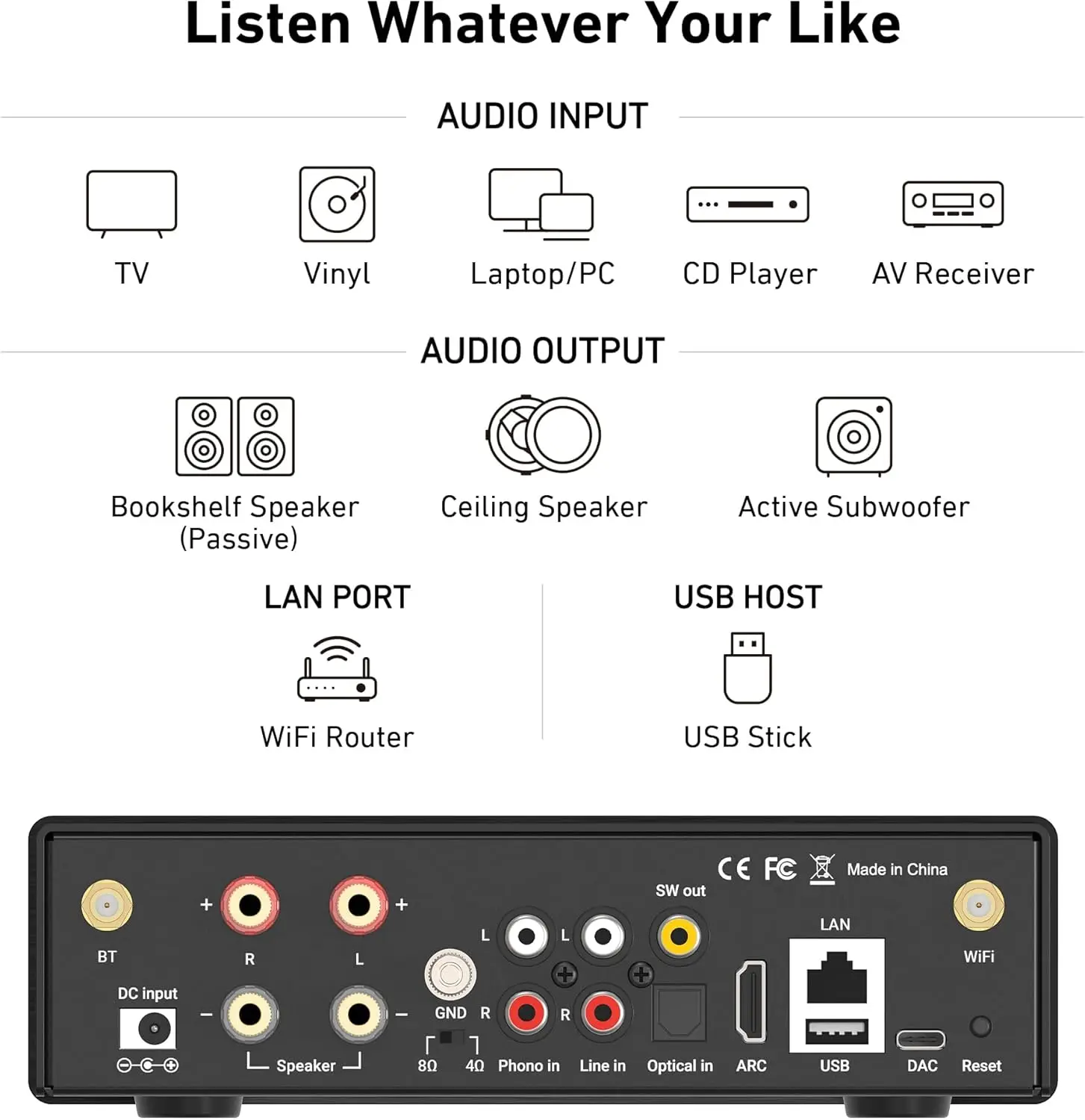 Arylic H50 WiFi Bluetooth 5.2 HiFi Amplifier 50W×2 AirPlay 2 Spotify Tidal Connect HDMI ARC Phono USB DAC Multiroom Amp - view 4