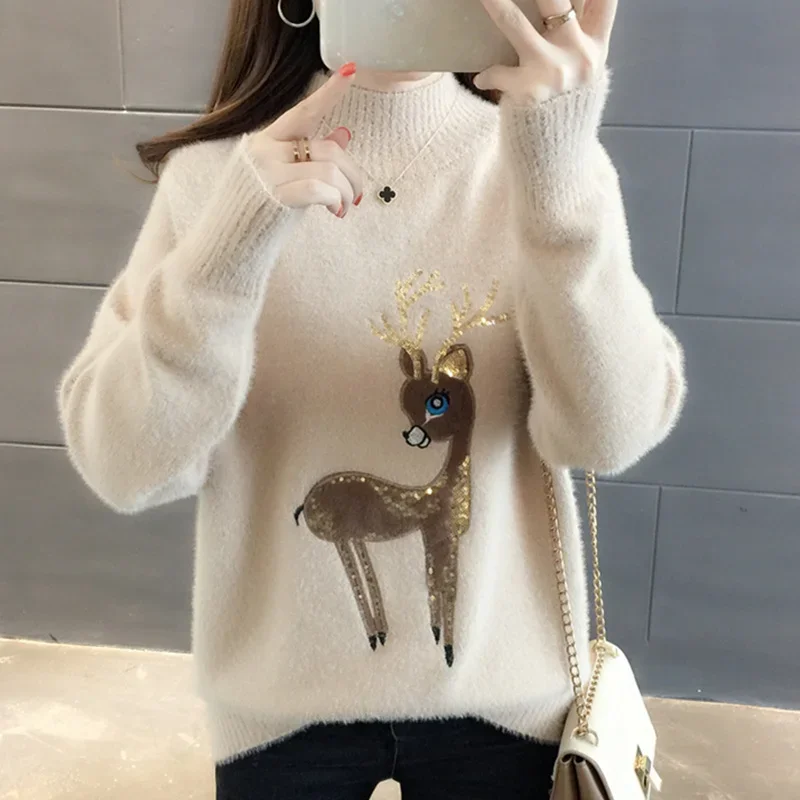 QNPQYX Cute Women Sweater Korean Reindeer Ugly Christmas Sweater Winter Warm Sweaters Fluffy Cashmere Jumper Turtleneck Pullover