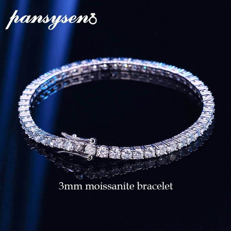 PANSYSEN 3MM D Color VVS1 Moissanite Bracelet 925 Sterling Silver Plated 18K Gold Tennis Bracelets for Women Man Christmas Gift