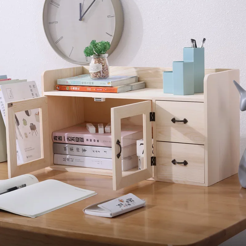 Student Bookshelf, Double Door Solid Wood Storage Box, Dustproof Cosmetics Drawer Take-in Cupboard, Study Room Shelf