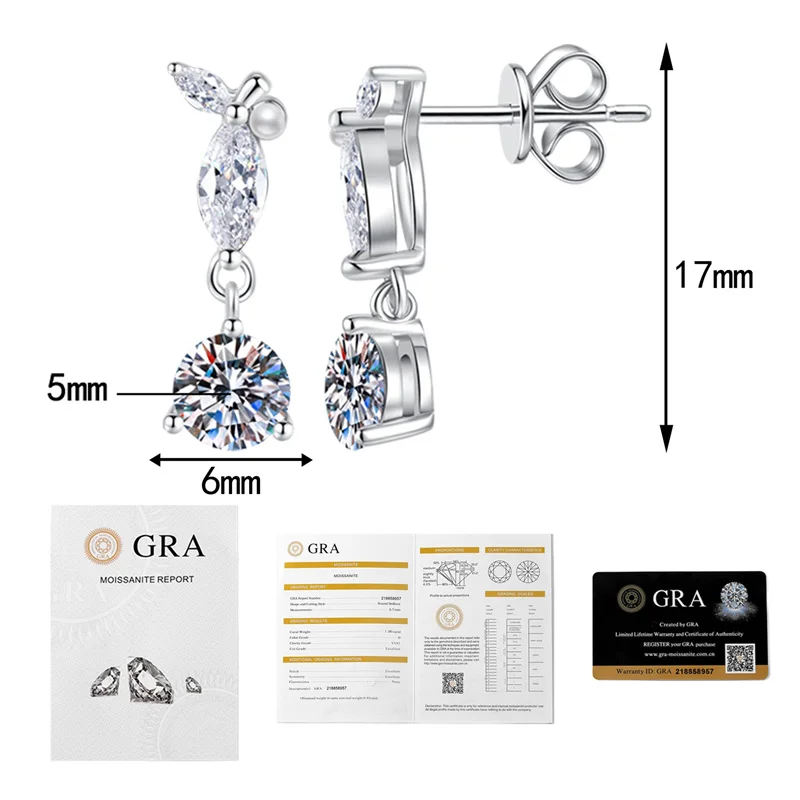 

E300 Lefei Fashion Classic Luxury 0.5ct Moissanite Trendy Leaf Dangle Round Earrings For Women 925 Sterling Silver Party Jewelry
