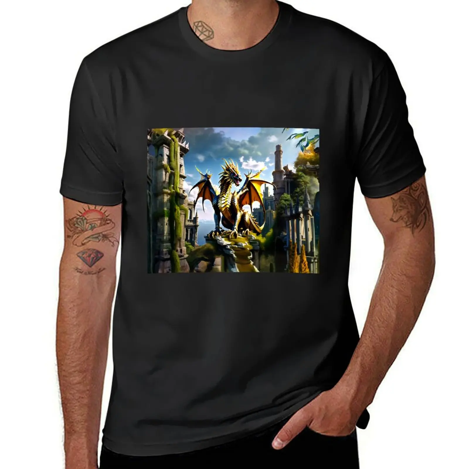 Golden Dragon in the Castle Ruin T-Shirt aesthetic clothes tees heavy weight t shirts for men