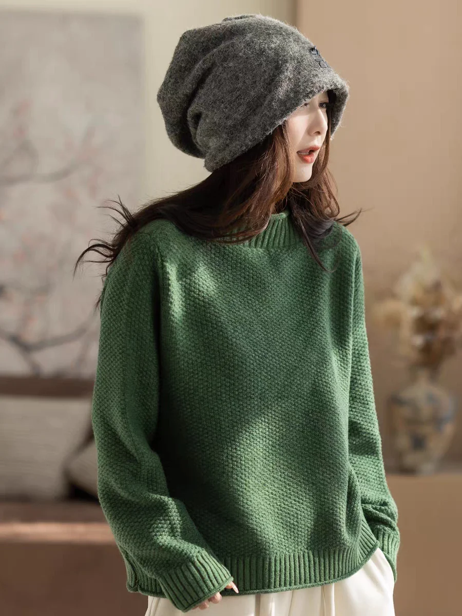 

Thiened f-High Collar Sweater Women's Knitted Long Sve Casual Sle Cotton Yarn Double-Strand Autumn Winter Sweater