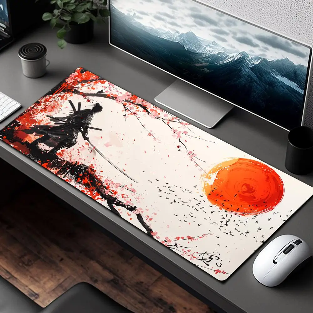 

Пейзаж с цветком вишни и дизайн самурая, большой коврик для мыши, настольный коврик, игровой коврик, нескользящая клавиатура с прошитыми краями, коврик для мыши, офисный коврик
