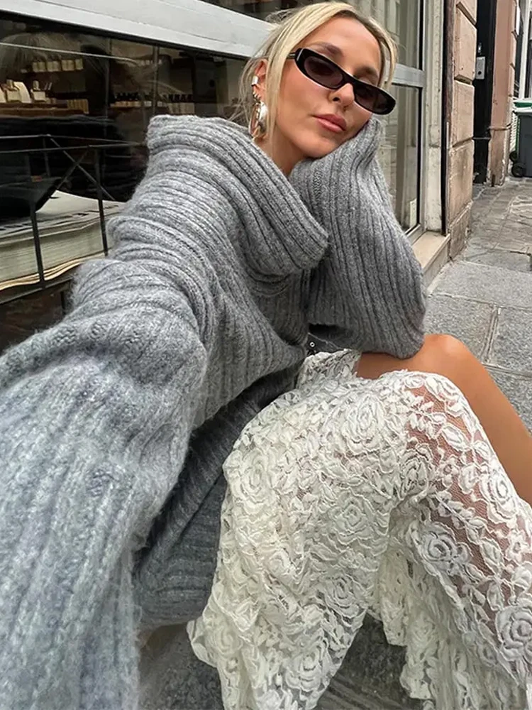 Off Shoulder Sweater Women Vintage Fashion Knitted Pullover Female Oversized Loose Slash Neck Jumper Casual High Street Knitwear