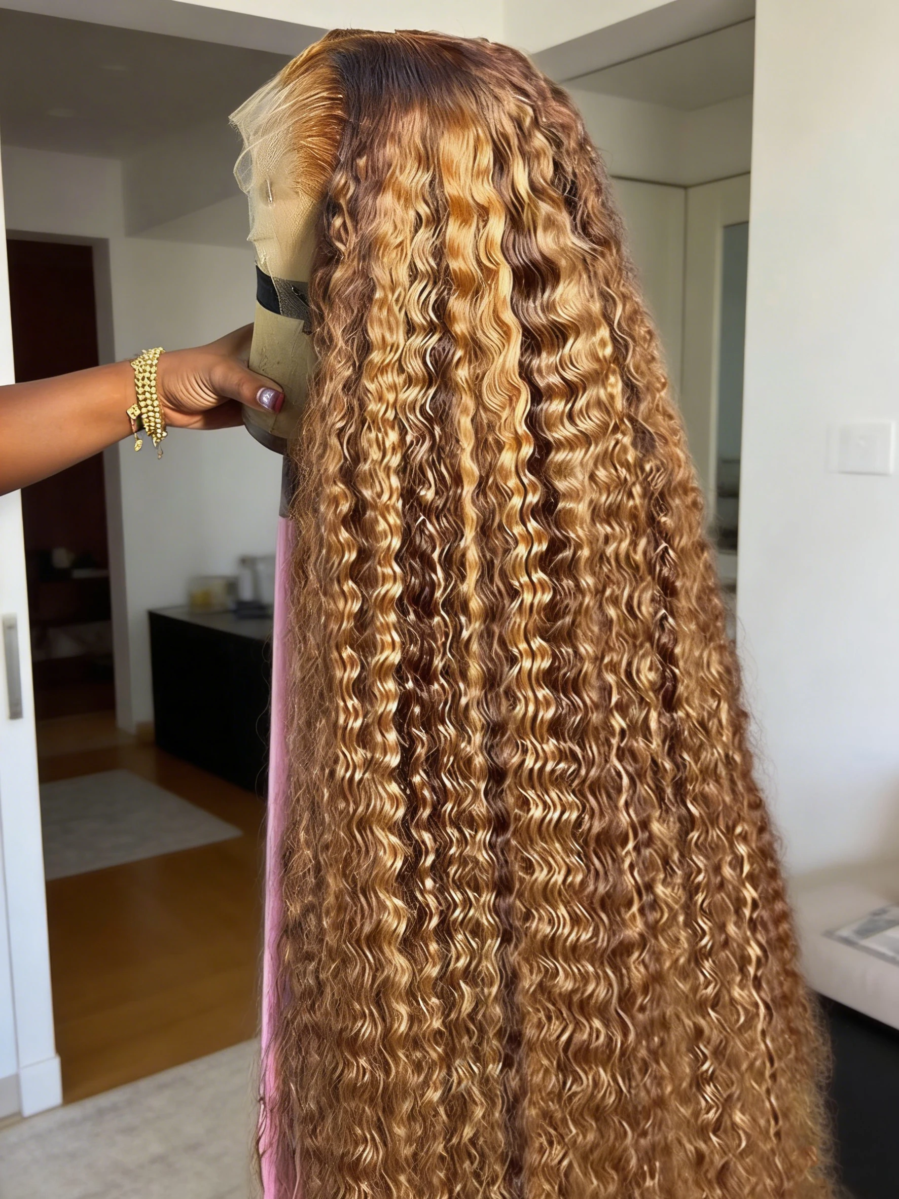 

Парик из натуральных человеческих волос 4/27 Highlight Honey Brown Curly Transparent HD 13x4 Lace Frontal, омбре, глубокая водная волна, полный парик