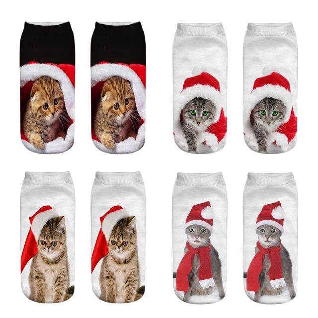 3D Print Funny Cute Cartoon Christmas Kitten Unisex Short Socks Creative Colorful Multiple Cat Face Low Ankle Sokken For Women