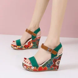 Shoes for Women Summer Wedge Sandals Retro Ethnic Printing Platform Shoes Ladies Casual Ankle Comfortable Sandalias De Mujer