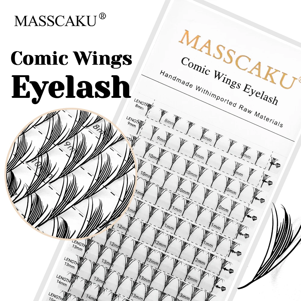 New Arrival MASSCAKU 8-15mm Mix Size Cashmere Feather Shaped Premade Fans Eyelashes Soft Handmade Comic Spire Eyelash Supplies