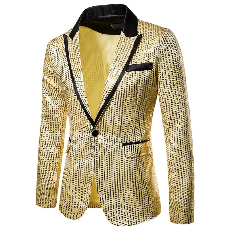 KIDWHXR Men Suit Coat Slim Contrast Color Sequins Turn Down Collar Man Blazer Single-breasted Stage Party Male Outerwear