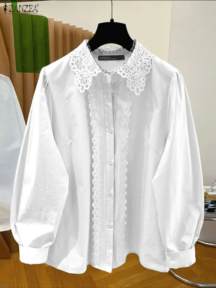 

ZANZEA 2026 Spring Lace Patchwork Shirt Office Women Blouse Elegant Lapel Neck Long Sleeve Tops Solid Buttons Up Blusas Oversize