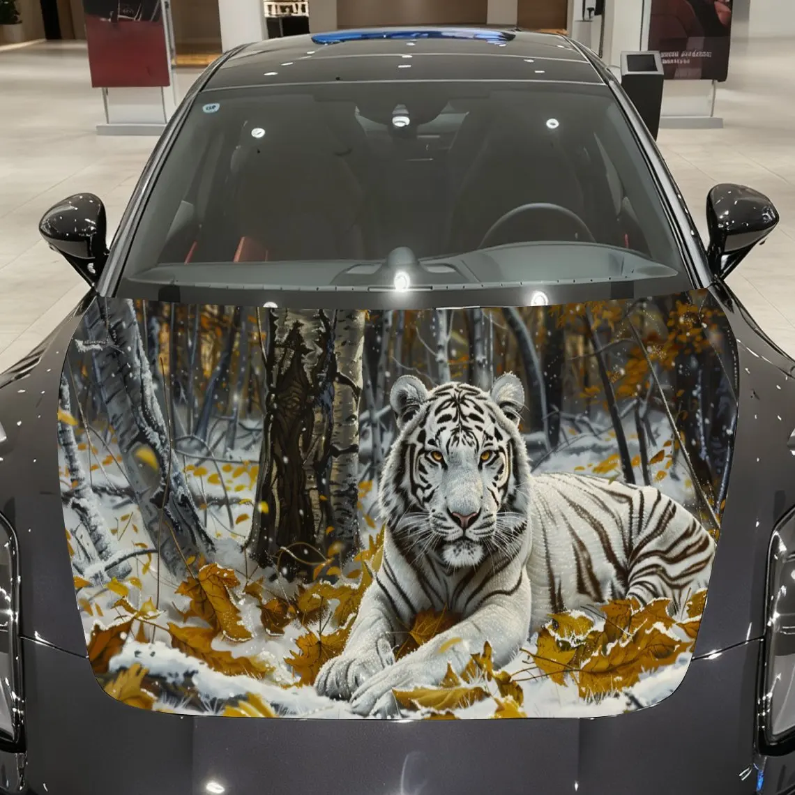 

White Tiger Car Hood Cover, Snowy Forest Scene Car Exterior Decal, Auto Cover Sticker, Waterproof and Self-adhesive Auto Vinyl W