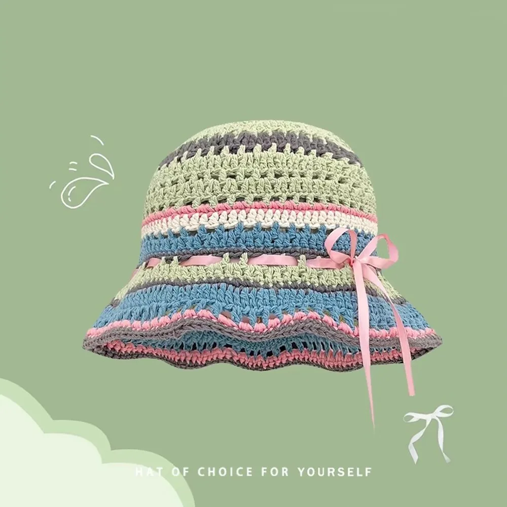 

Корейские вязаные панамы ручной работы Y2k с бантом и лентой, полая кепка для бассейна, весна-лето, милые тканые шапки для путешествий