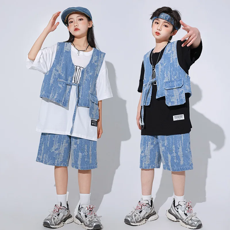 New Children Jazz Dance Costumes for Boys Loose T Shirt Denim Vest Shorts Suit Girls Hip Hop Dance Rave Clothes Teens Stage Wear