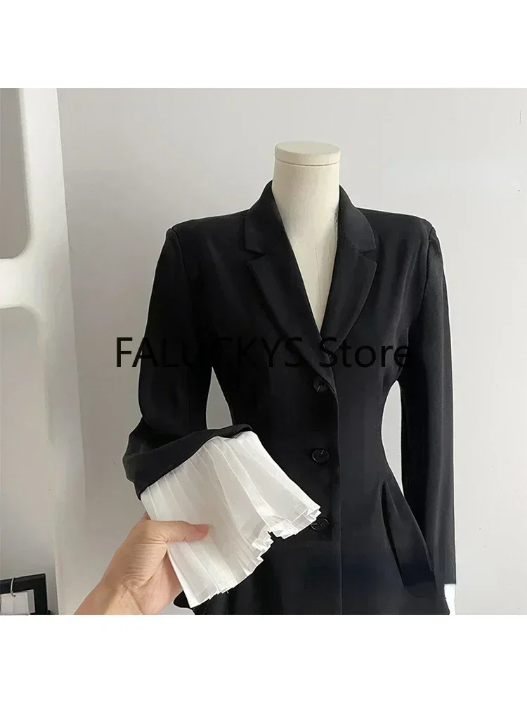 Women Formal Blazer Lapel Collar Autumn Winter Office Lady Korean Patchwork Contrast Color Outerwear Single Breasted Suit Jacket