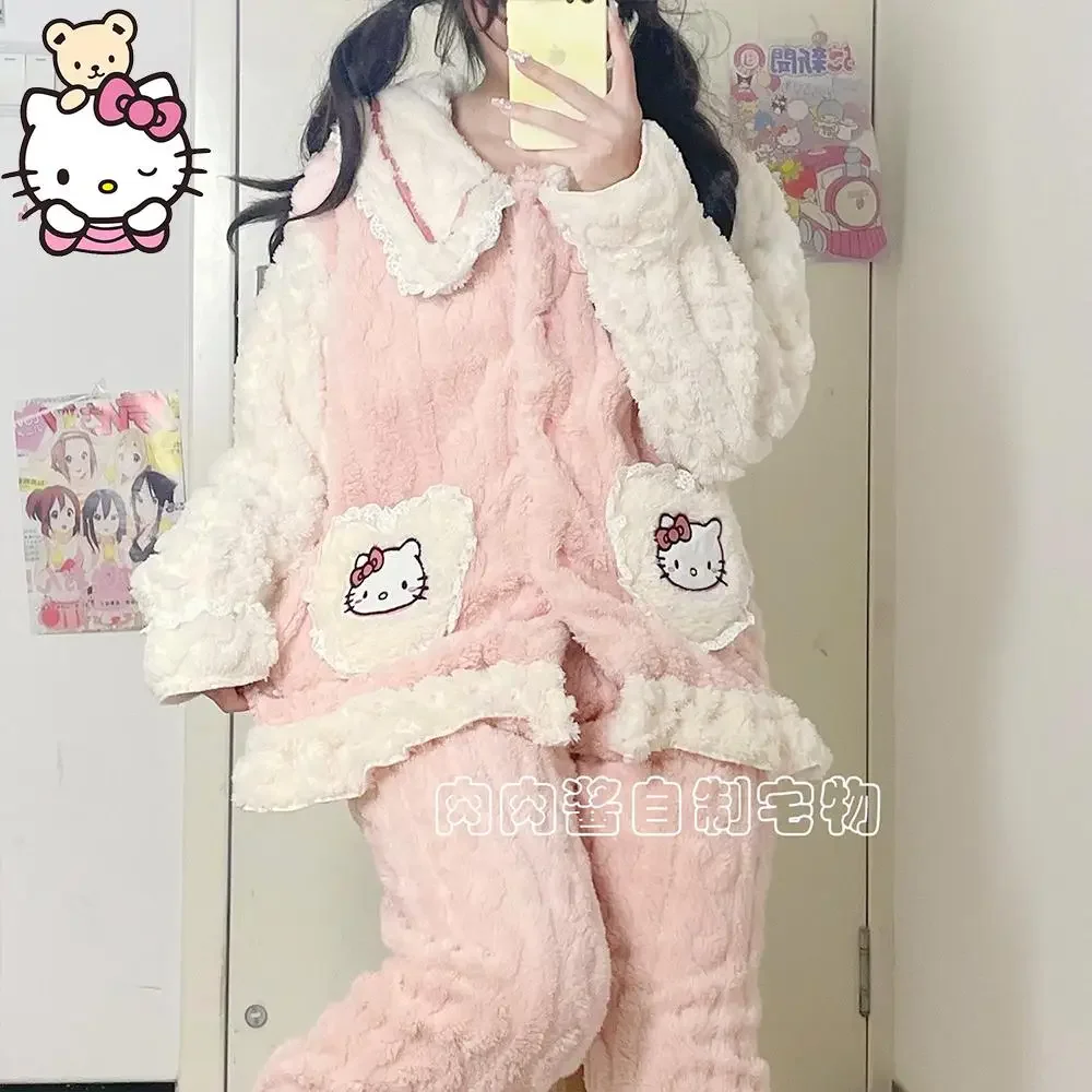 Sanrioed Anime Hello Kitty Women Pajamas Suit Cartoon Kawaii Winter Plush Coral Fleece Cardigan Homewear Warm Cute Nightwear