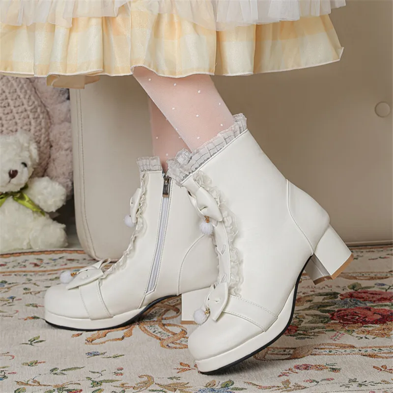 Stivali da principessa Bowknot décolleté con tacco da donna inverno caldo scarpe da sposa in pizzo con cerniera laterale Lolita Party piattaforma Cosplay Boot28-43