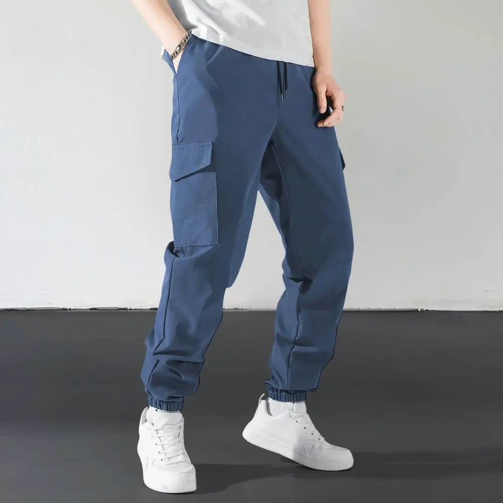 

Adjustable Waist Pants Men's Drawstring Cargo Pants with Elastic Waist Multiple Pockets Ankle-banded Design for Daily Wear