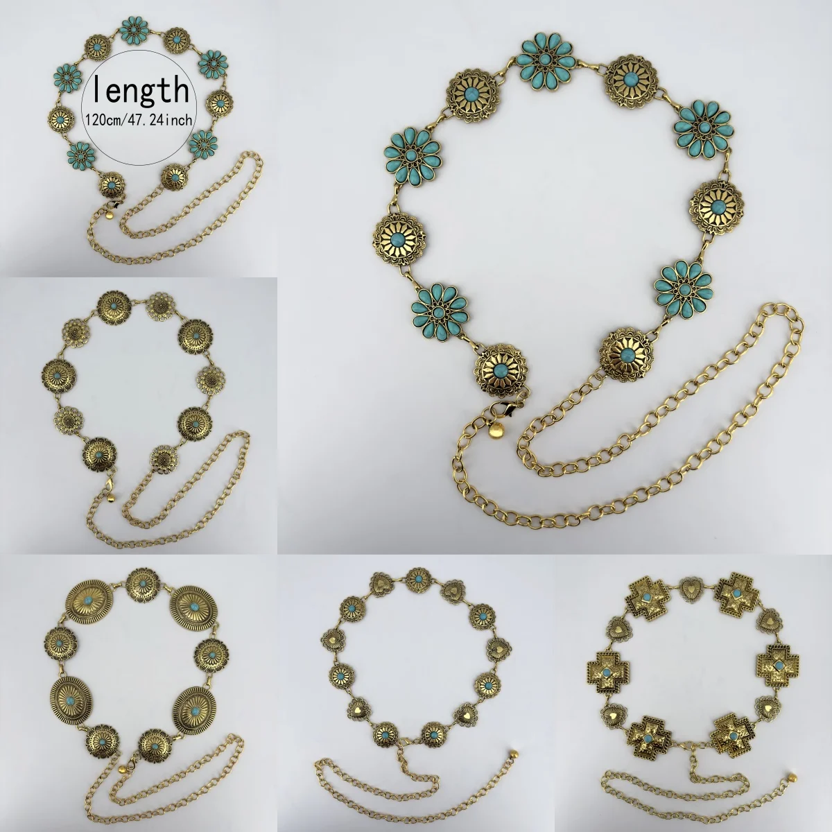 Grüne Türkis Vintage Geschnitzte Damen-Taillenkette Personalisierter Metallgürtel Modisches Vielseitiges Accessoire für Kleider – Detail 1