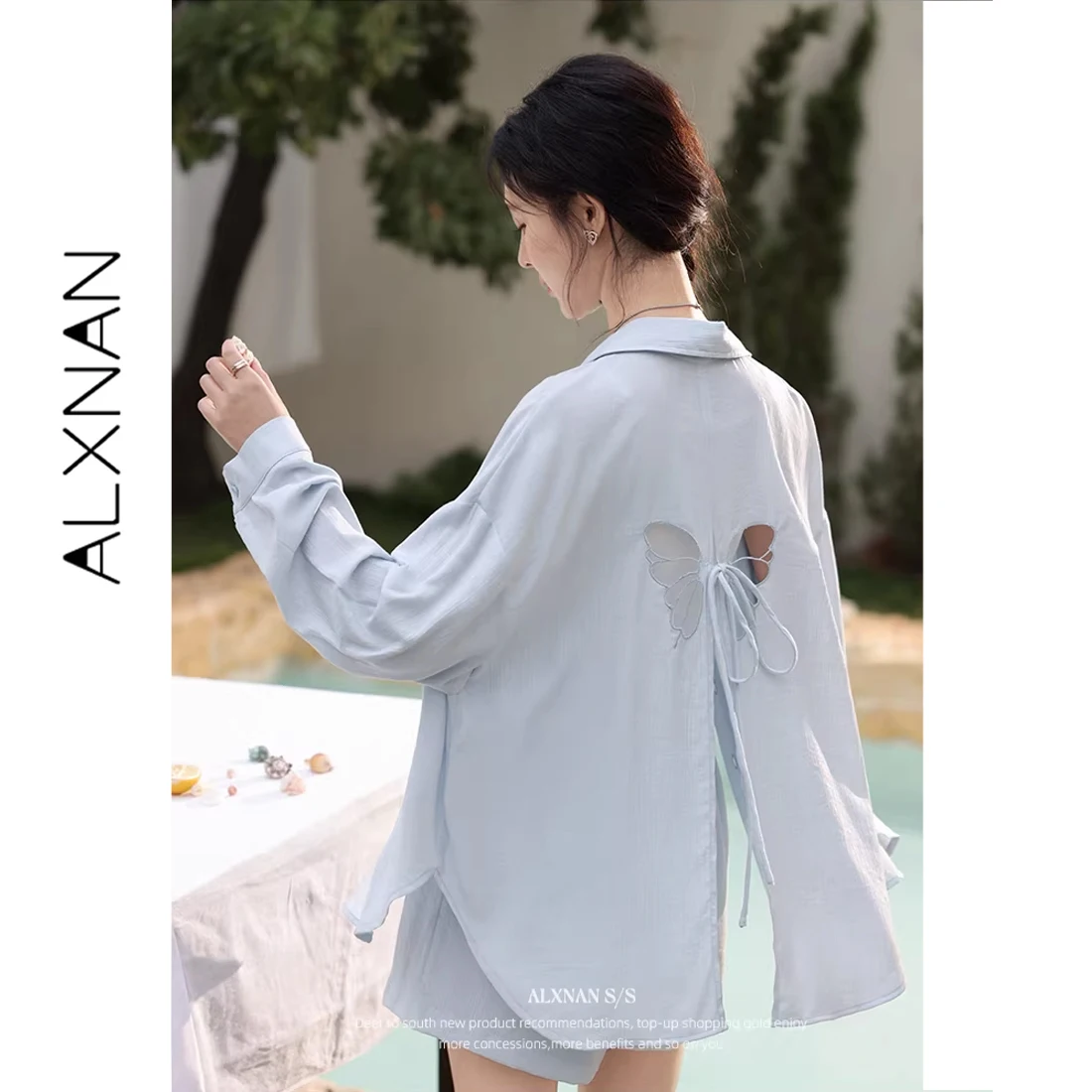

ALXNAN Women's Blue Shirt 2026 Summer Long Sleeve Sun Protection Shirt Back Cutout Bow Design Elegant Casual Tops Ladies L53921