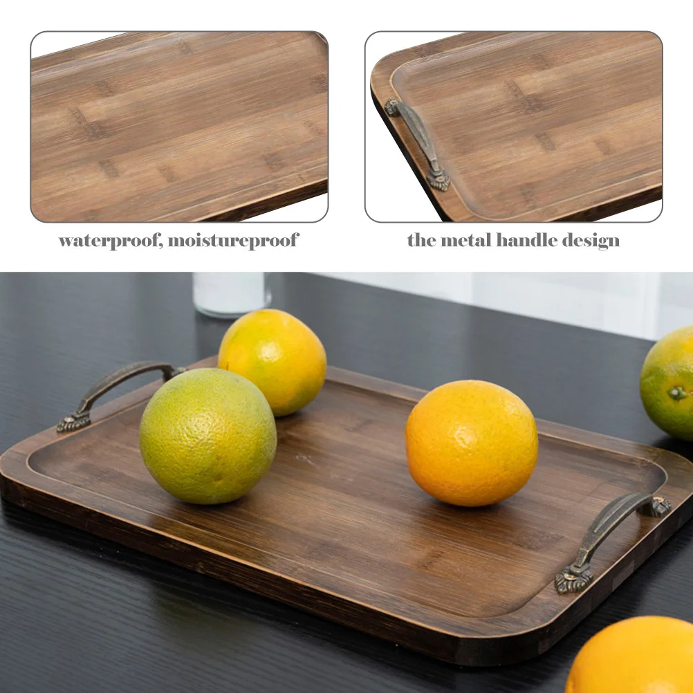 

Bamboo Tray Metal Handle Resistant Food Serving Tray for Home Hotel Snack Fruit Bread Display Bamboo Tableware