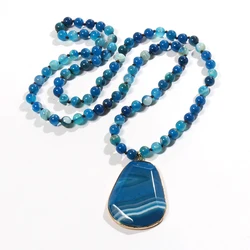 New Fashion Bohemian Jewelry Natural Stone Blue Knotted Facet Stone Drop Pendant Women Necklace