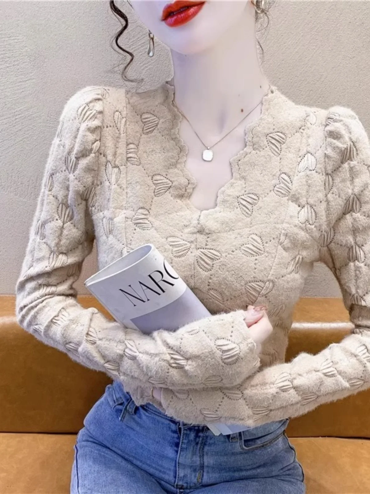 

Женская кружевная блузка с V-образным вырезом, длинным рукавом, осенне-зимняя, новая, уникальный модный приталенный топ в корейском стиле