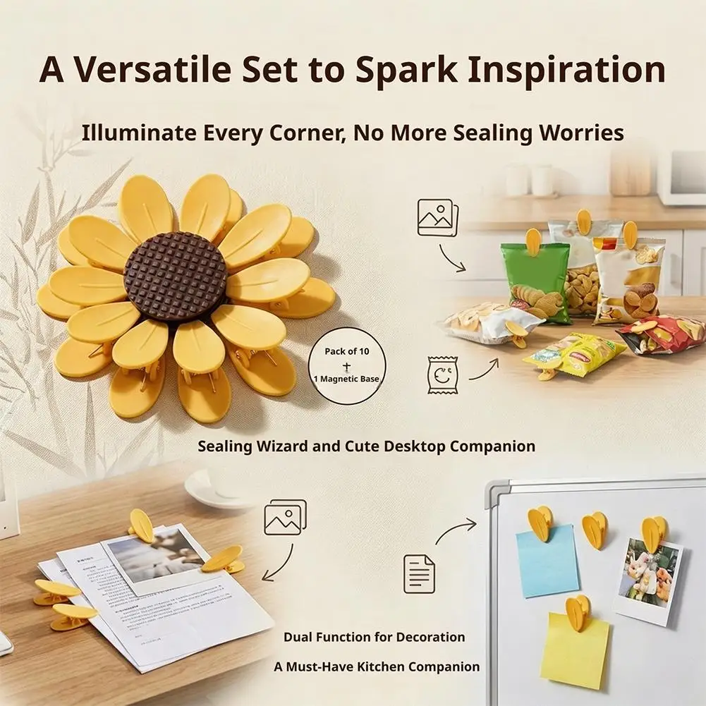 10 Stück Niedliche Sonnenblumen-Magnetverschlussclips mit Basis, Luftdichte Chip- und Snacktütenclips, Küchen-Frischhalteclips, Notizclips – Detail 5