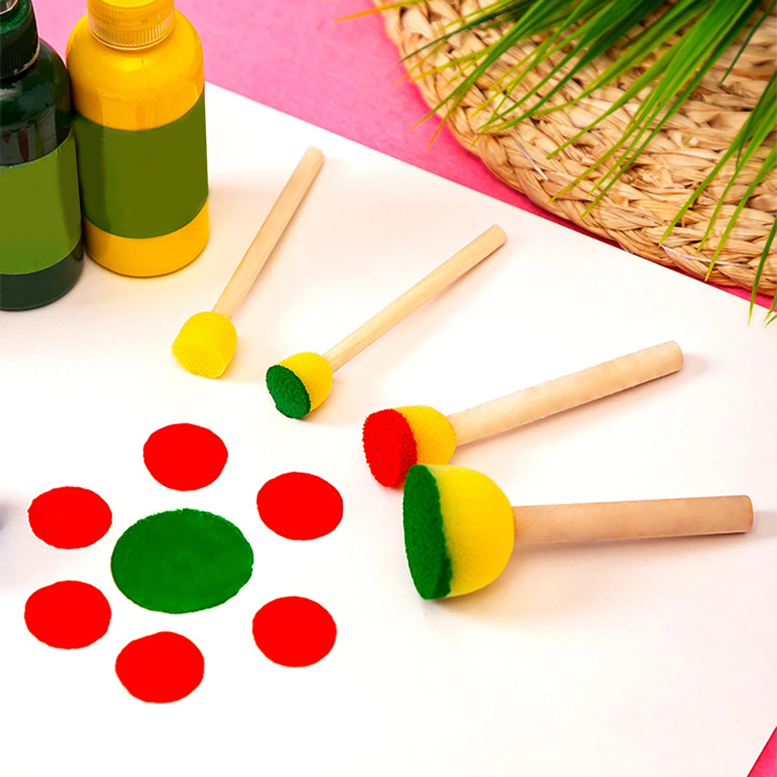 5pcs Round Stencil Sponge Wooden Handle Foam Sponge Paint Brush Foam Brush Sponge Painting Tools Drawing Art Crafts For School