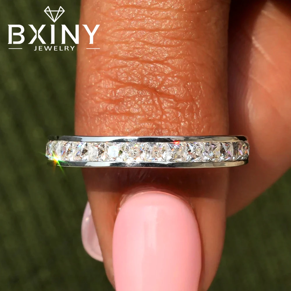 BXINY 2mm Princess Cut Cut Moissanite Eternity Band 100%S925 Silver Channel Set Diamond Ring for Women Wedding Gift Fine Jewelry