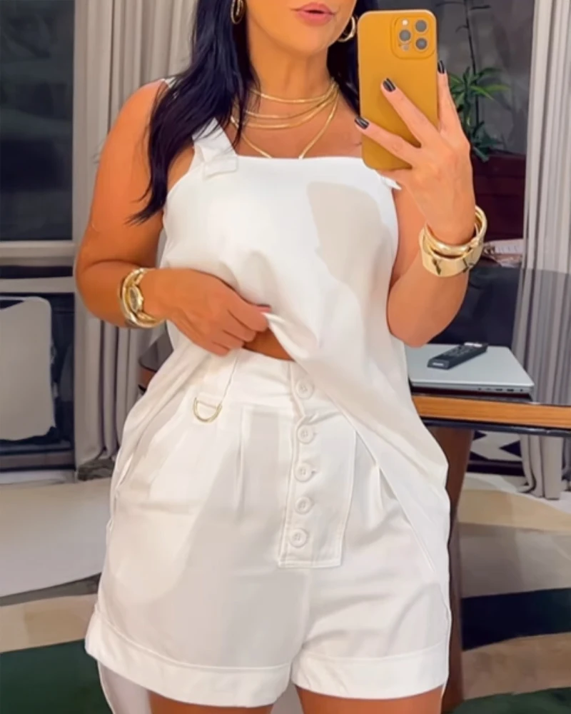

Square neck thick belt asymmetrical top and button shorts with pockets, new women's clothing for summer 2025