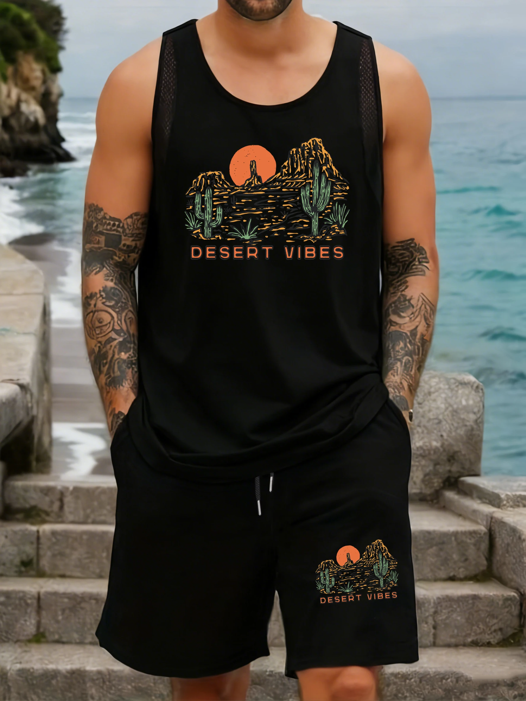

Desert Vibes Cactus Print Mesh Vests Set Men Sleeveless Crewneck Tank Tops Summer Wide-Leg Shorts Fitness Pocket Black Pant