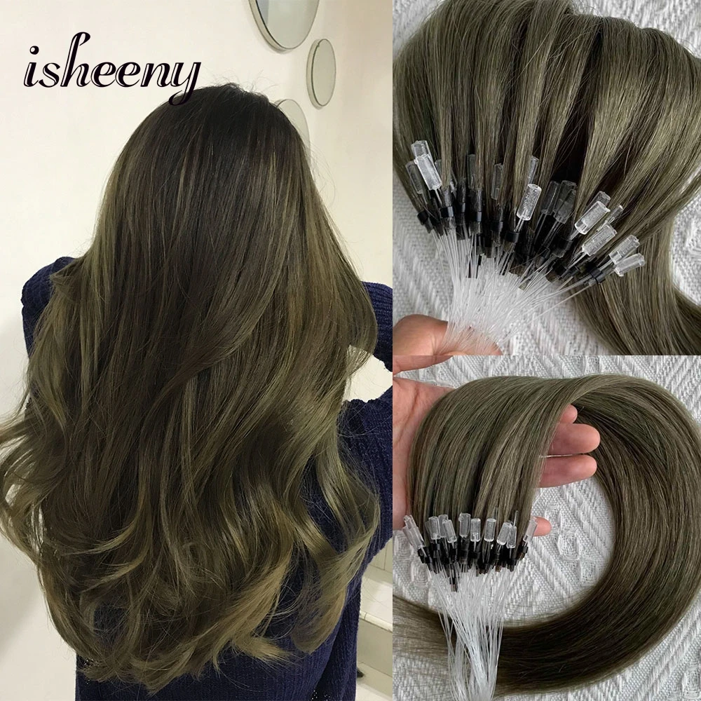 

12 16 20 inches Ash Green Human Hair Extension Micro Loop Hair 12-20 inches Easy Loop Ring Pre-bonded Tip Extensions 50pcs/pack