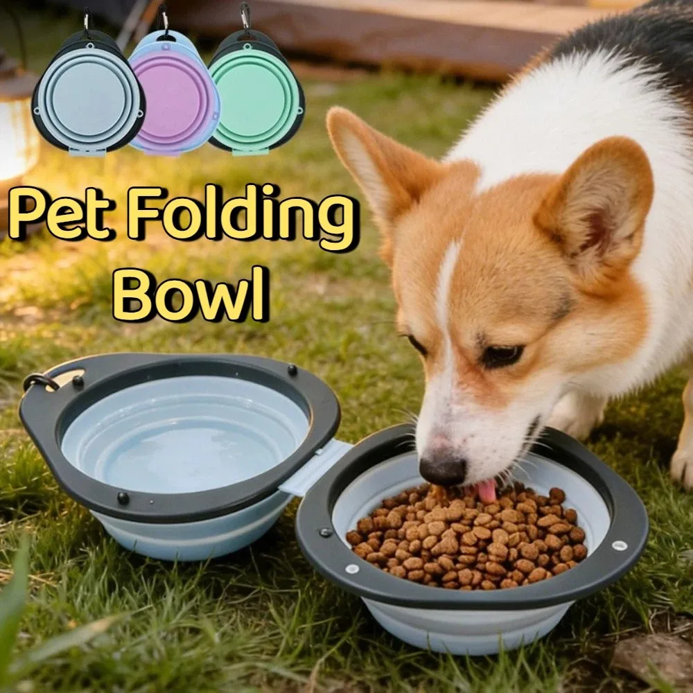 

Portable Pet Folding Bowl Double Bowl Food Grade Collapsible Dog Dish Easy To Clean with Carabiner Puppy Food Container Outdoor