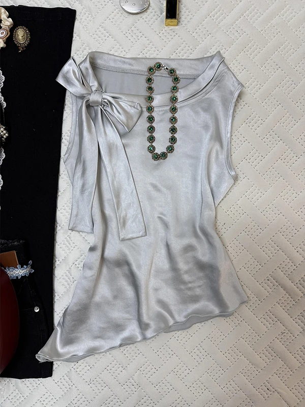 

BaoYao Girl Original Silk irt Women's Summer Vintage Silver ey High-End Feeling Trendy Top Cotton Blend Svel