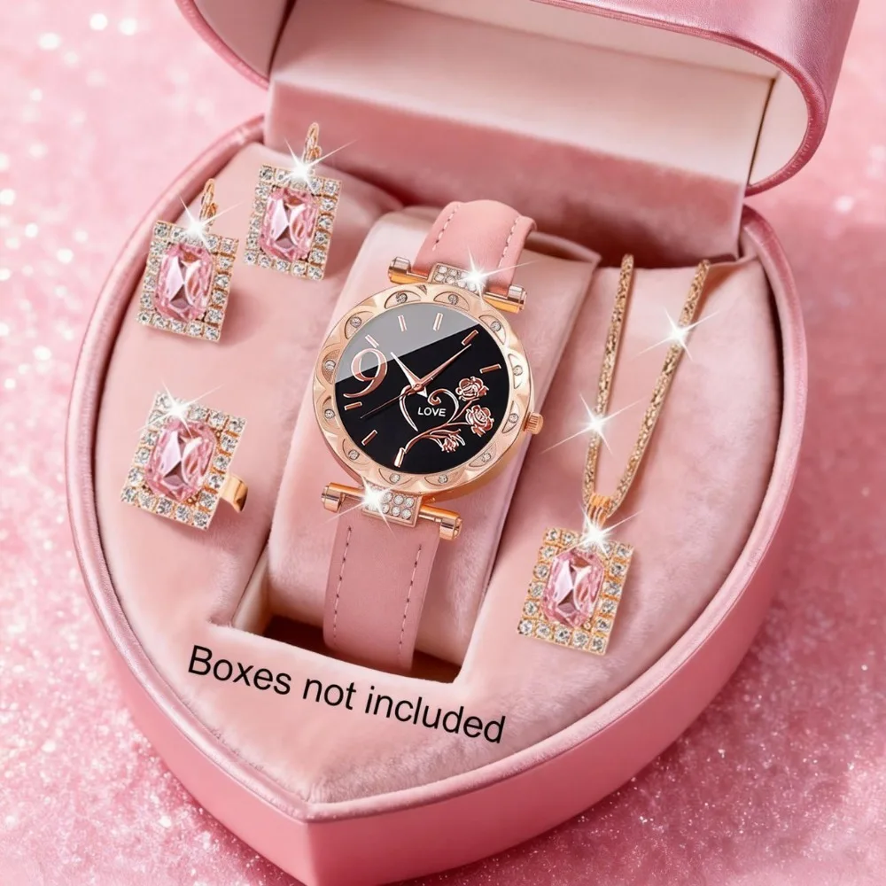 Set of 5 Women'S Stylish Elegant Faux Leather Strap Round Dial Quartz Watches with Rhinestone Jewelry, Women Gift