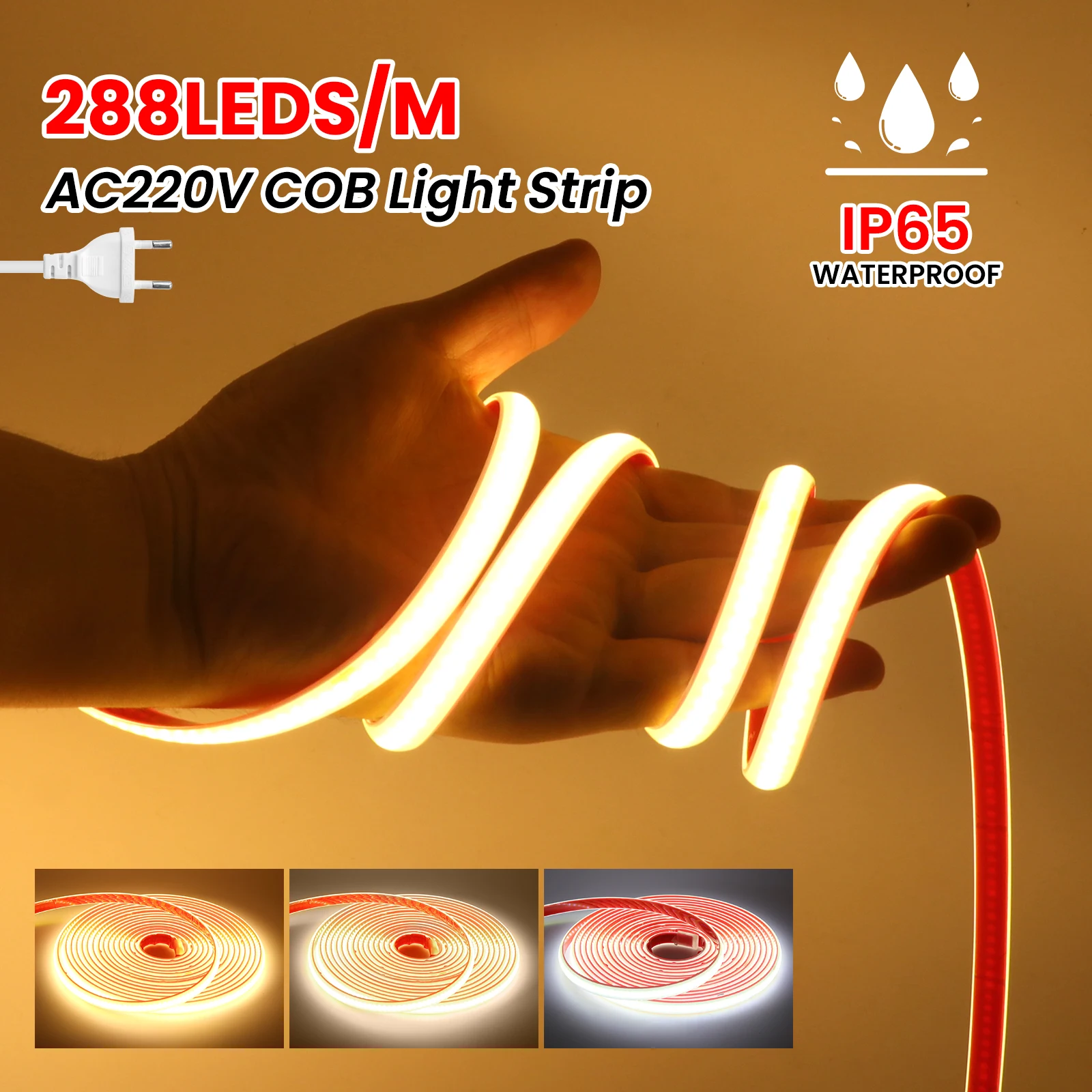 IP65 Waterproof COB LED Strip Light with Strong Adhesive Tape 220V Flexible LED Tape COB LED Lights High Density Linear Light