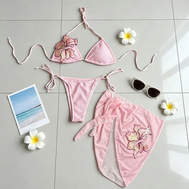 sexy glitter sequin flower pink bikinis sets three pieces with mesh cover skirt swimsuits bathing suit swimwear biquini tankini