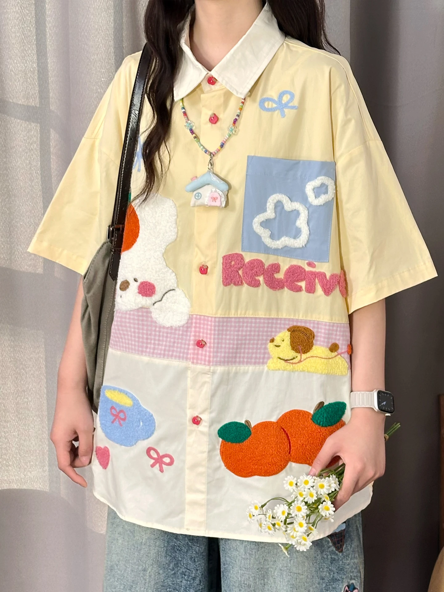 

SOLDOUT Original American Retro Cartoon Embroidery Patchwork Color Block Short Sleeve Loose Women's Shirt Summer Breathable C...