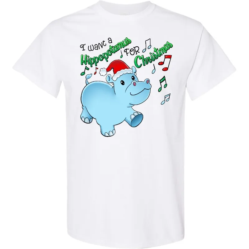 

Inktastic I Want A Hippopotamus for Christmas Hippo in Santa Hat T-Shirt Song Cotton T-Shirt Crew Neck Casual Street Comfortable