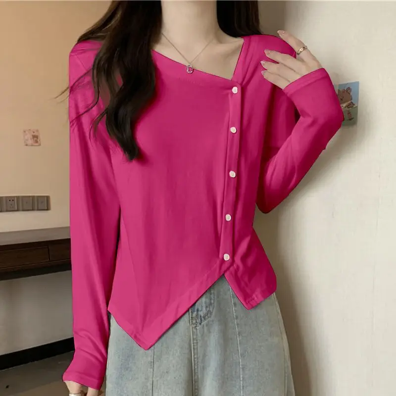 

Spring Autumn New Simplicity Casual Women's Diagonal Collar Collarbone Long Sleeves T-shirt Commuter Irregular Tops