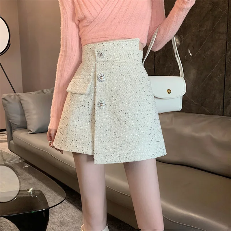 HELIAR Women Tweed Buttons Casual Shorts High Waist A-line Office Elegant Shorts Female Irregular Shorts Spring Summer Pants