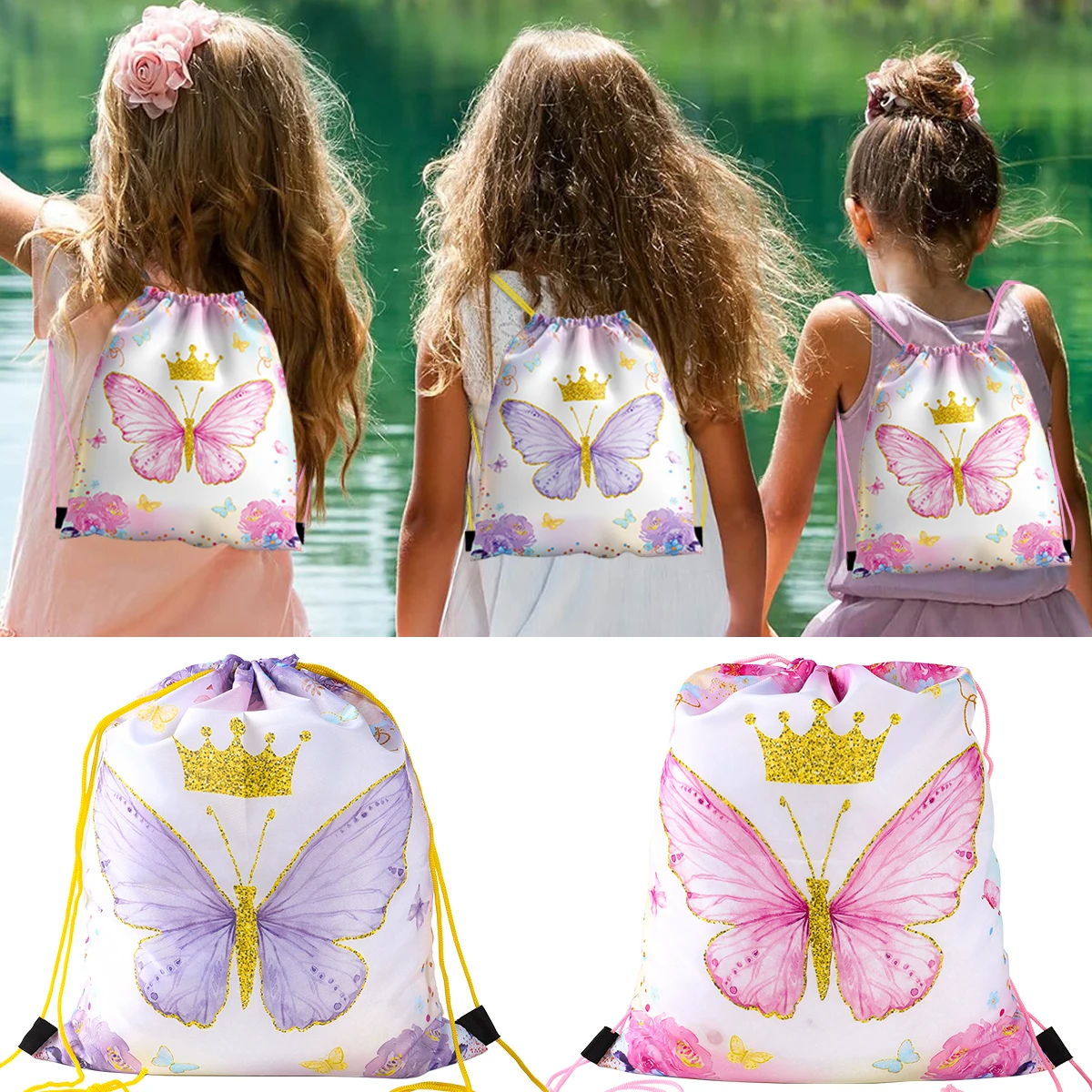 PInk Purple Butterfly Backpacks Casual Portable Drawstring Bags Drawstring Bundle Pocket Sundries Bag Book Bags For Party Gifts