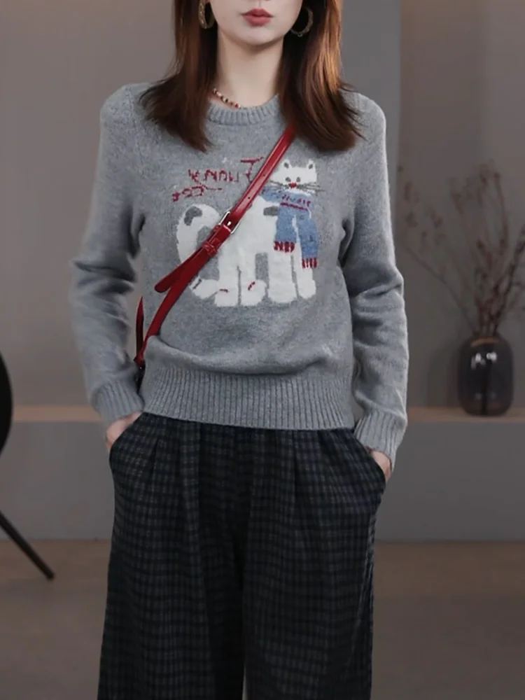 

Милый круглый свитер Laid-ba с принтом, осенняя новинка, универсальный, стройнящий, больших размеров, в корейском стиле...