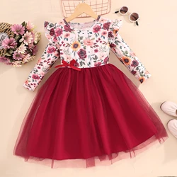 2024 Kids Girls Clothing Dress Summer Autumn Long Sleeve Girls Skirt Child Girls Clothes Floral Party Children Dress 3-7 Years