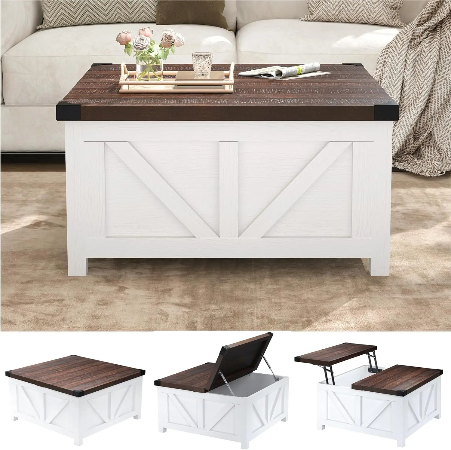 Farmhouse Lift Top Coffee Table com Armazenamento, Wood Square Center Table, Estação de Carregamento e Portas USB, Living Room Central