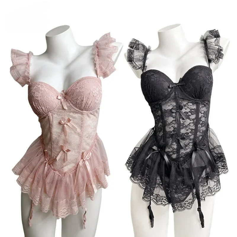 Top corsetto nero sexy francese con mutandine abbinate Vita sottile Maglia di pizzo Set di lingerie Lolita Puro desiderio Reggiseno a lisca di pesce Bustier