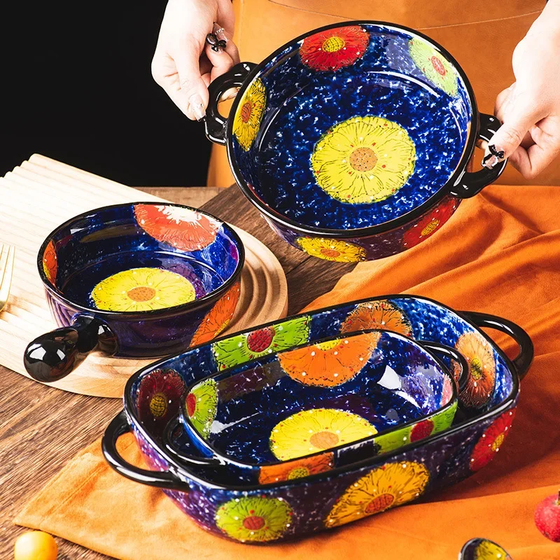 

Creative Polish hand-painted relief handle ceramic baking pan bowl cheese baked rice tableware binaural oven cross-border